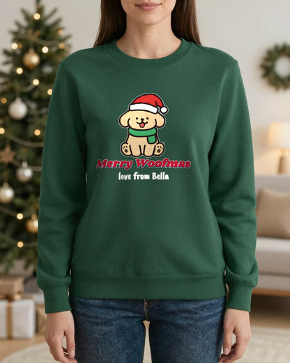 Personalised Merry Woofmas Dog Christmas Jumper & T-Shirt worn