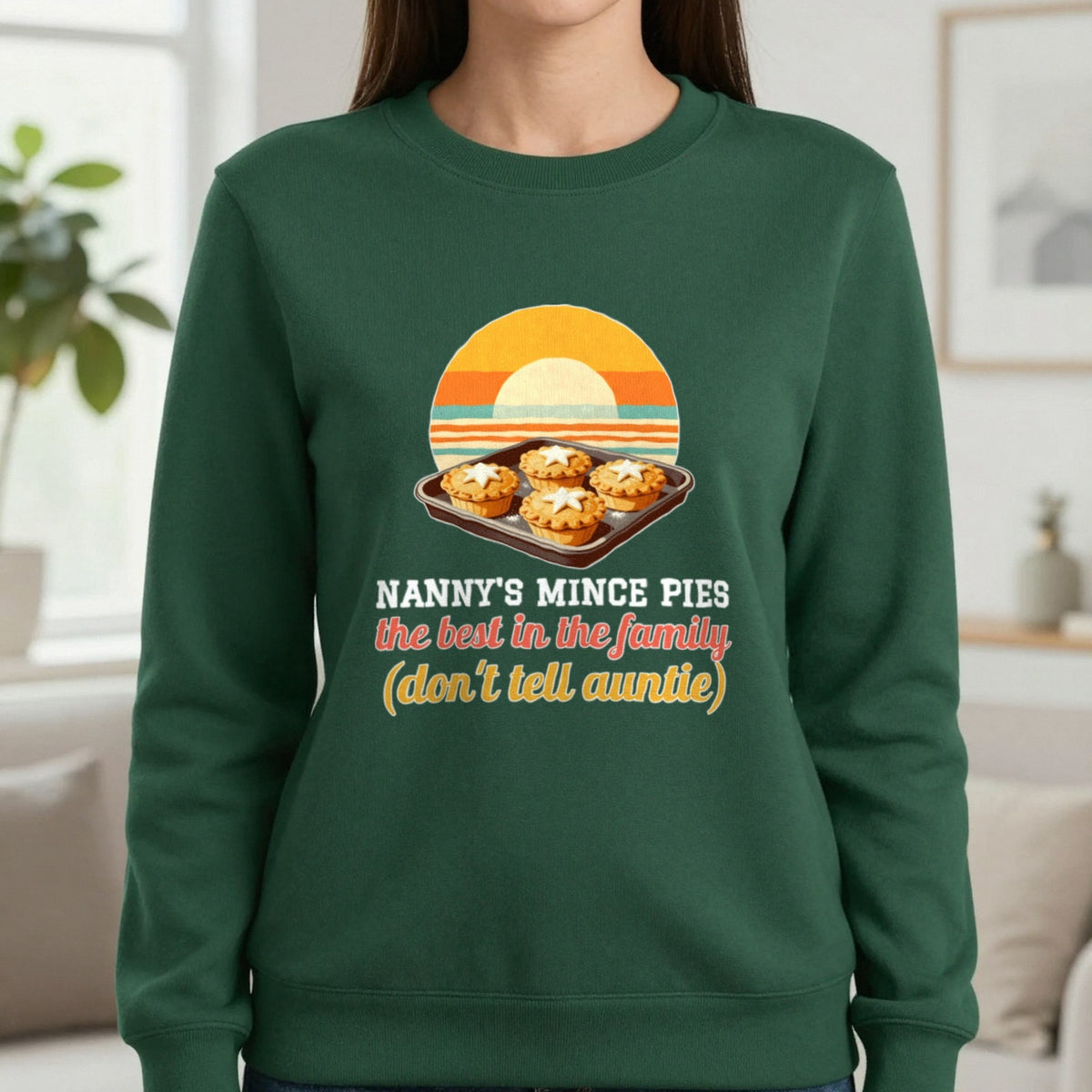 Personalised Mince Pies Christmas Jumper & T-Shirt Sweatshirt in Forest Green, worn, our photo