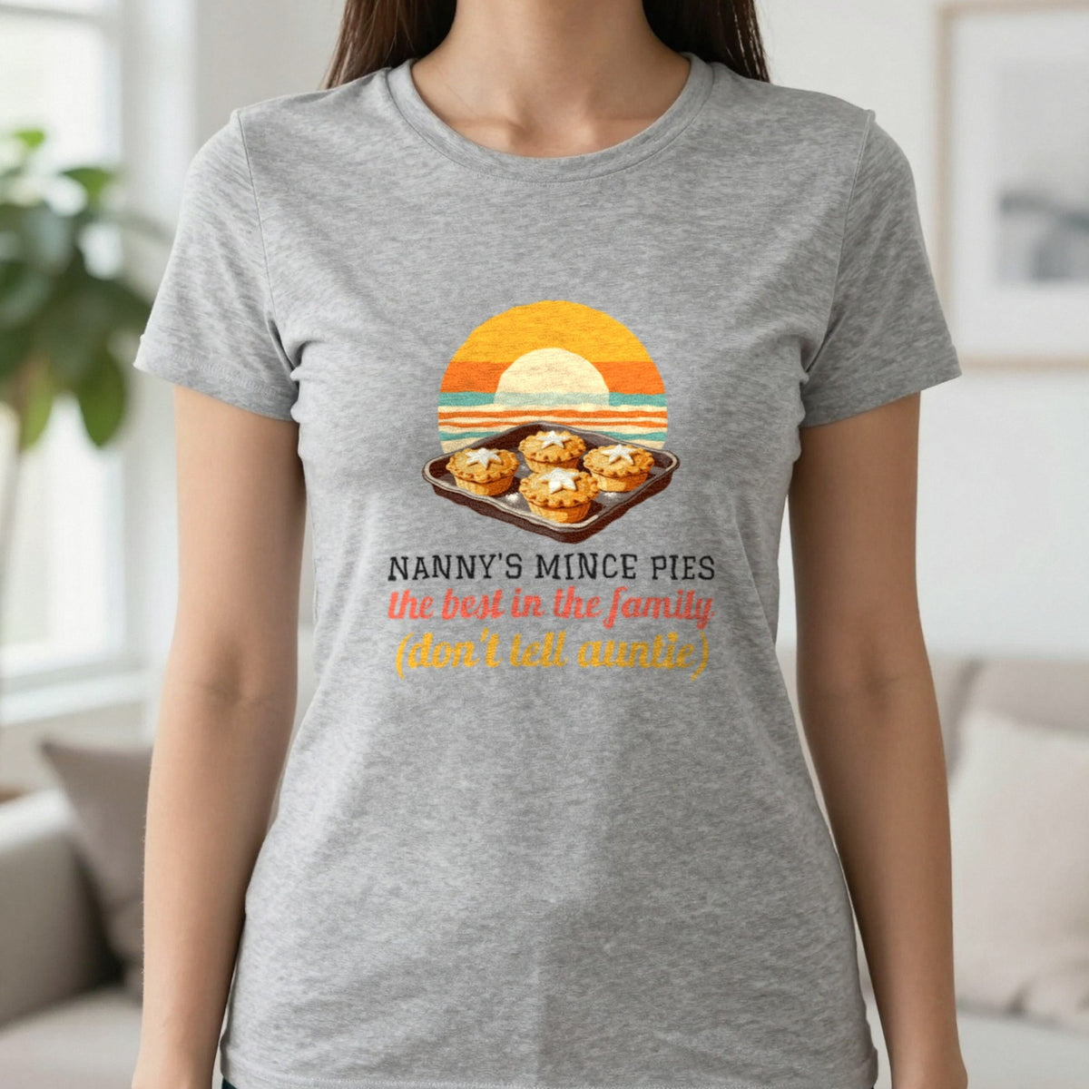 Personalised Mince Pies Christmas Jumper & T-Shirt T-Shirt in Sport Grey, worn, our photo