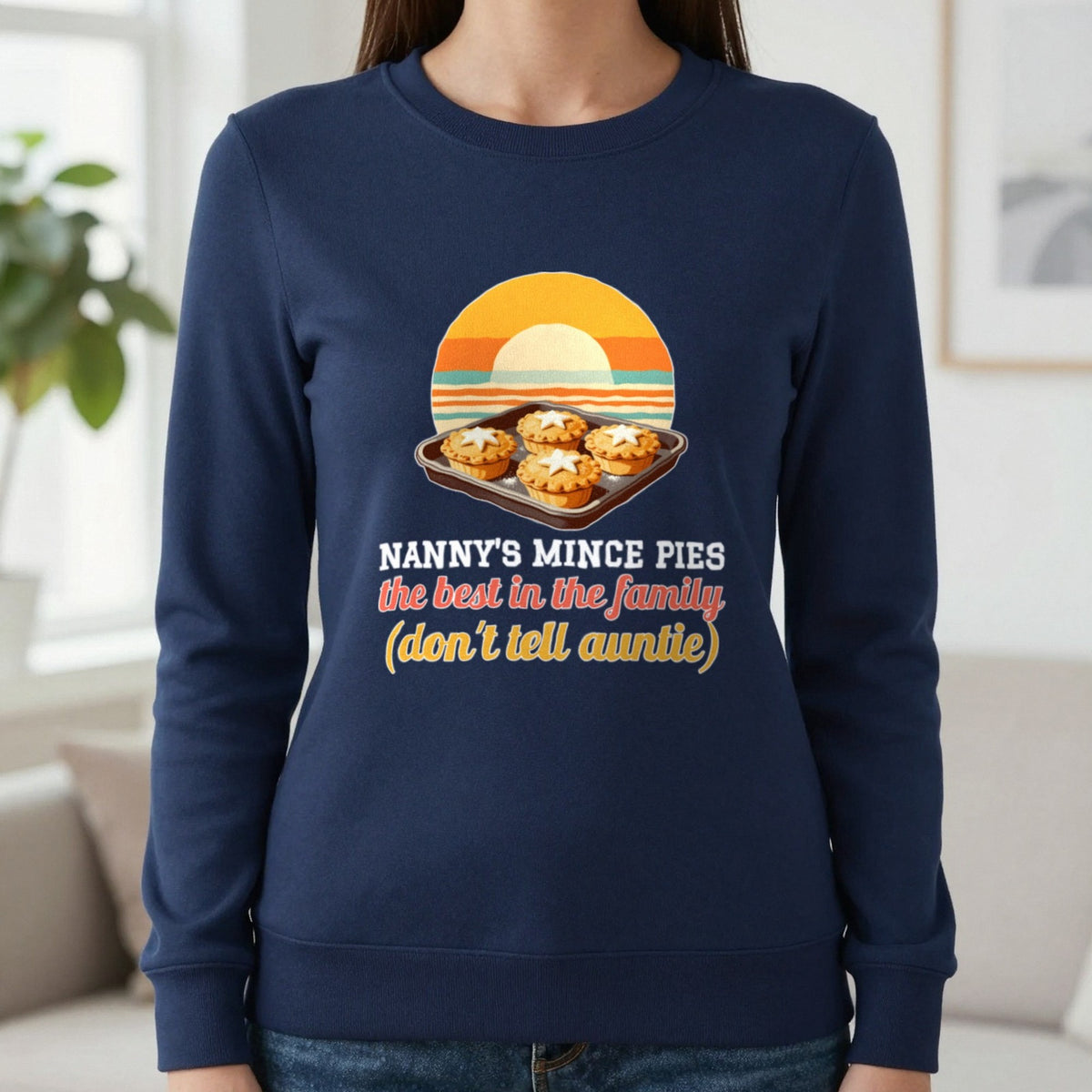 Personalised Mince Pies Christmas Jumper & T-Shirt Sweatshirt in Navy, worn, our photo