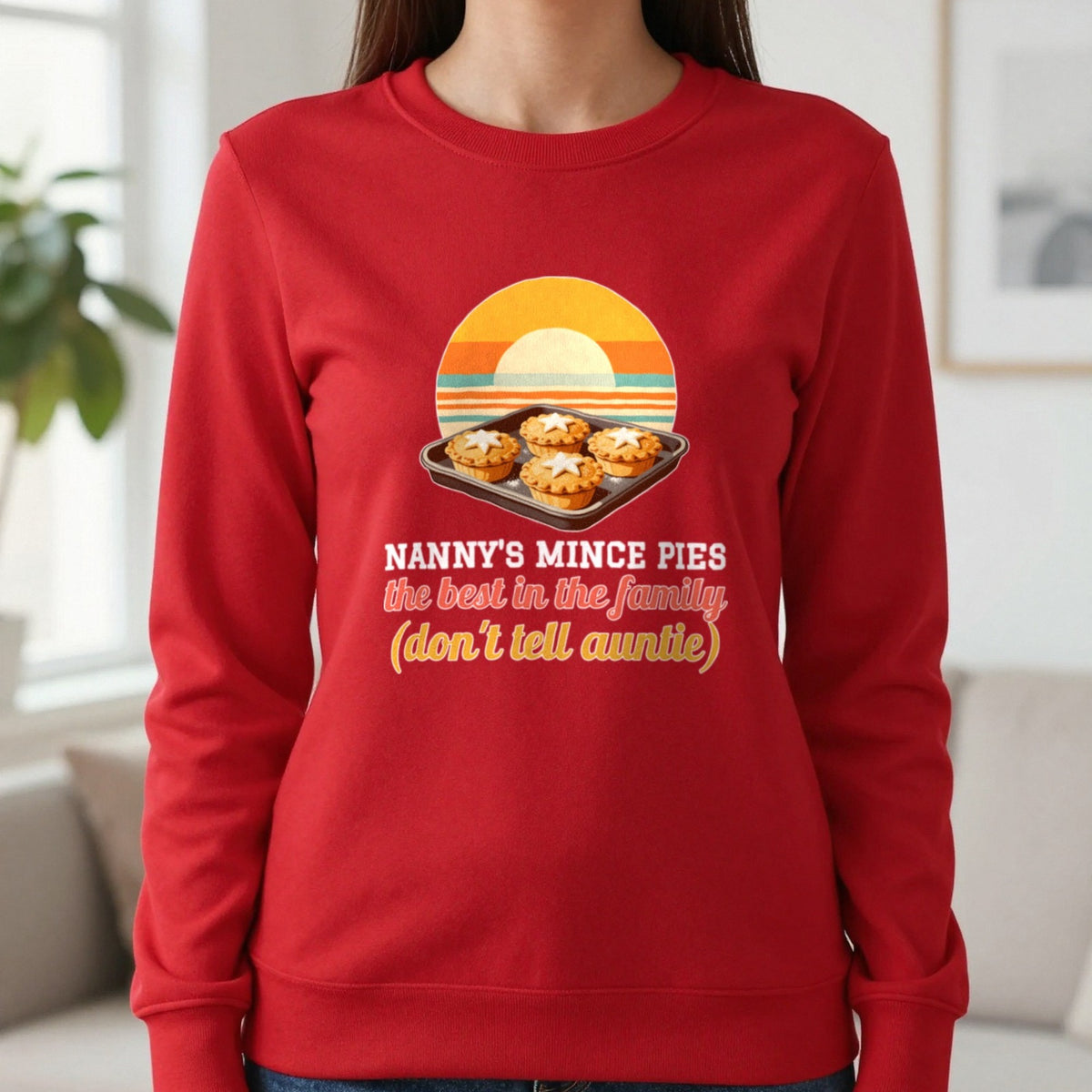 Personalised Mince Pies Christmas Jumper & T-Shirt Sweatshirt in Red, worn, our photo