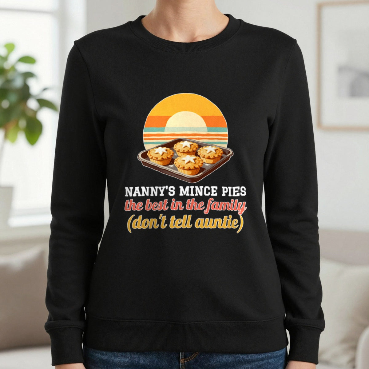 Personalised Mince Pies Christmas Jumper & T-Shirt Sweatshirt in Black, worn, our photo