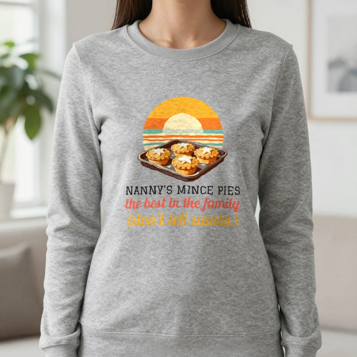Personalised Mince Pies Christmas Jumper & T-Shirt Sweatshirt in Sport Grey, worn, our photo