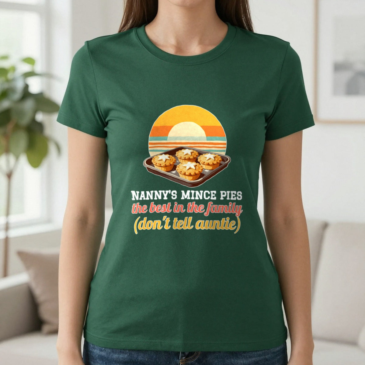 Personalised Mince Pies Christmas Jumper & T-Shirt T-Shirt in Forest Green, worn, our photo