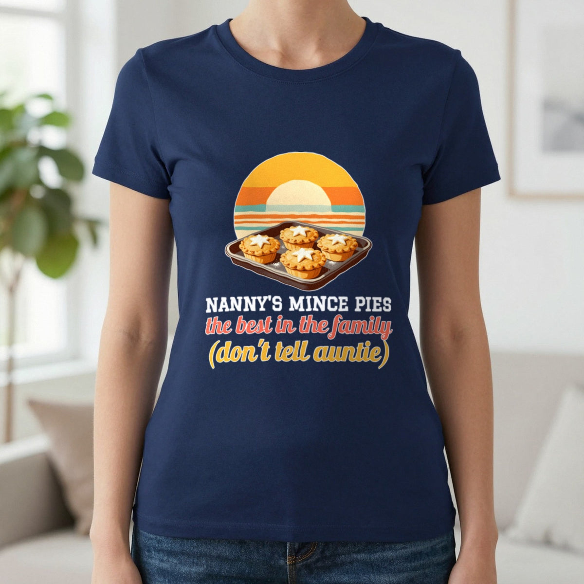 Personalised Mince Pies Christmas Jumper & T-Shirt T-Shirt in Navy, worn, our photo