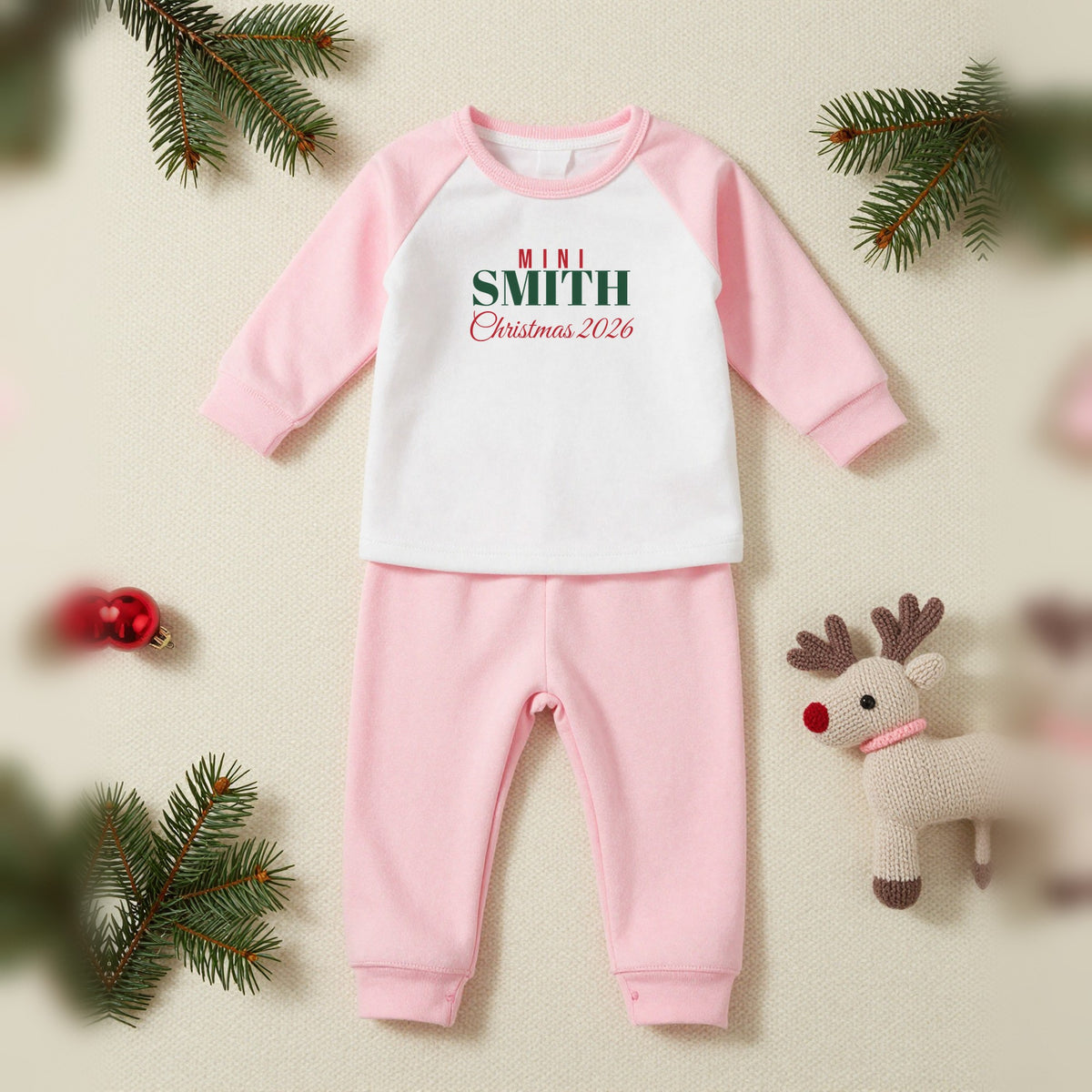 Mini Surname Personalised Baby & Toddler Christmas Pyjamas, Baby & Toddler in Pink, our photo