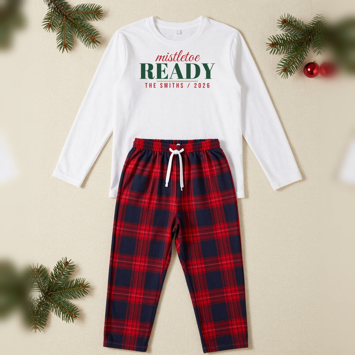 Mistletoe Ready Personalised Matching Couples Christmas Pyjamas Set, Adult in White / Red Tartan, our photo