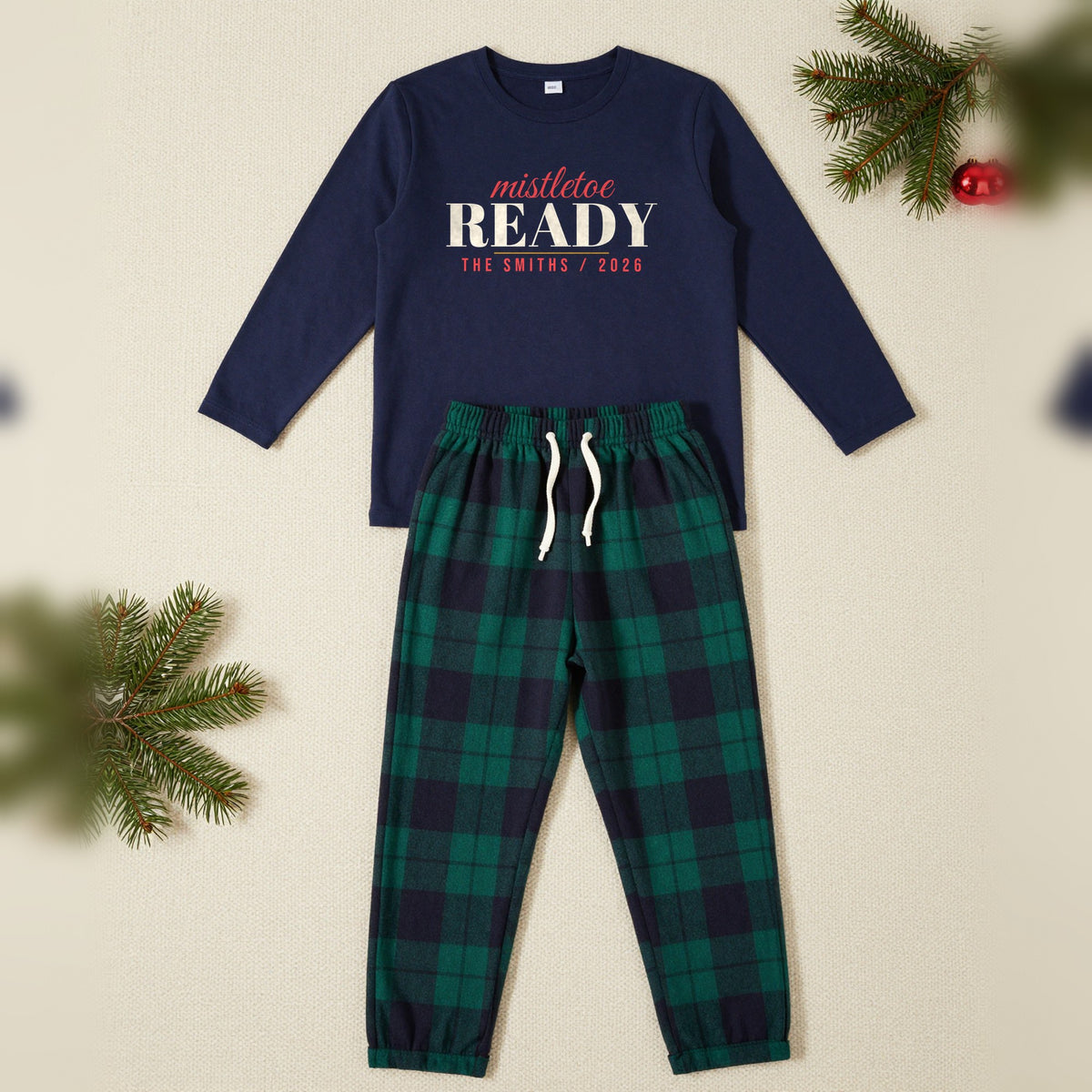 Mistletoe Ready Personalised Matching Couples Christmas Pyjamas Set, Adult in Navy / Green Tartan, our photo