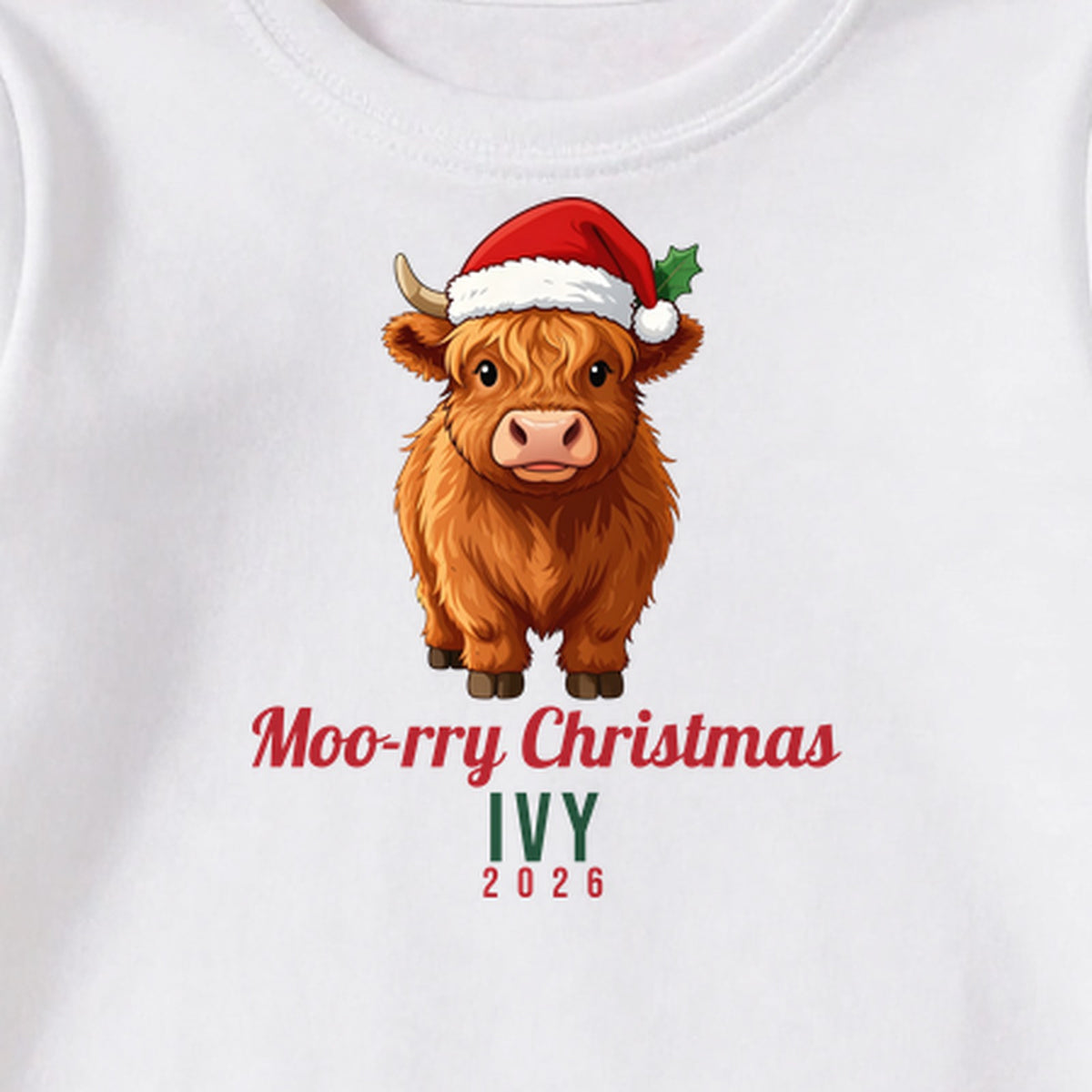 Moo-rry Christmas Highland Cow personalised print close-up