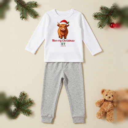 Moo-rry Christmas Highland Cow Personalised Kids Christmas Pyjamas, Kids in White / Grey, our photo
