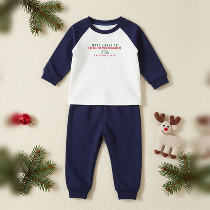 Most Likely To Personalised Matching Family Christmas Pyjamas Set, Baby & Toddler in Navy, our photo