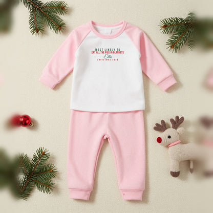Most Likely To Personalised Matching Family Christmas Pyjamas Set, Baby & Toddler in Pink, our photo