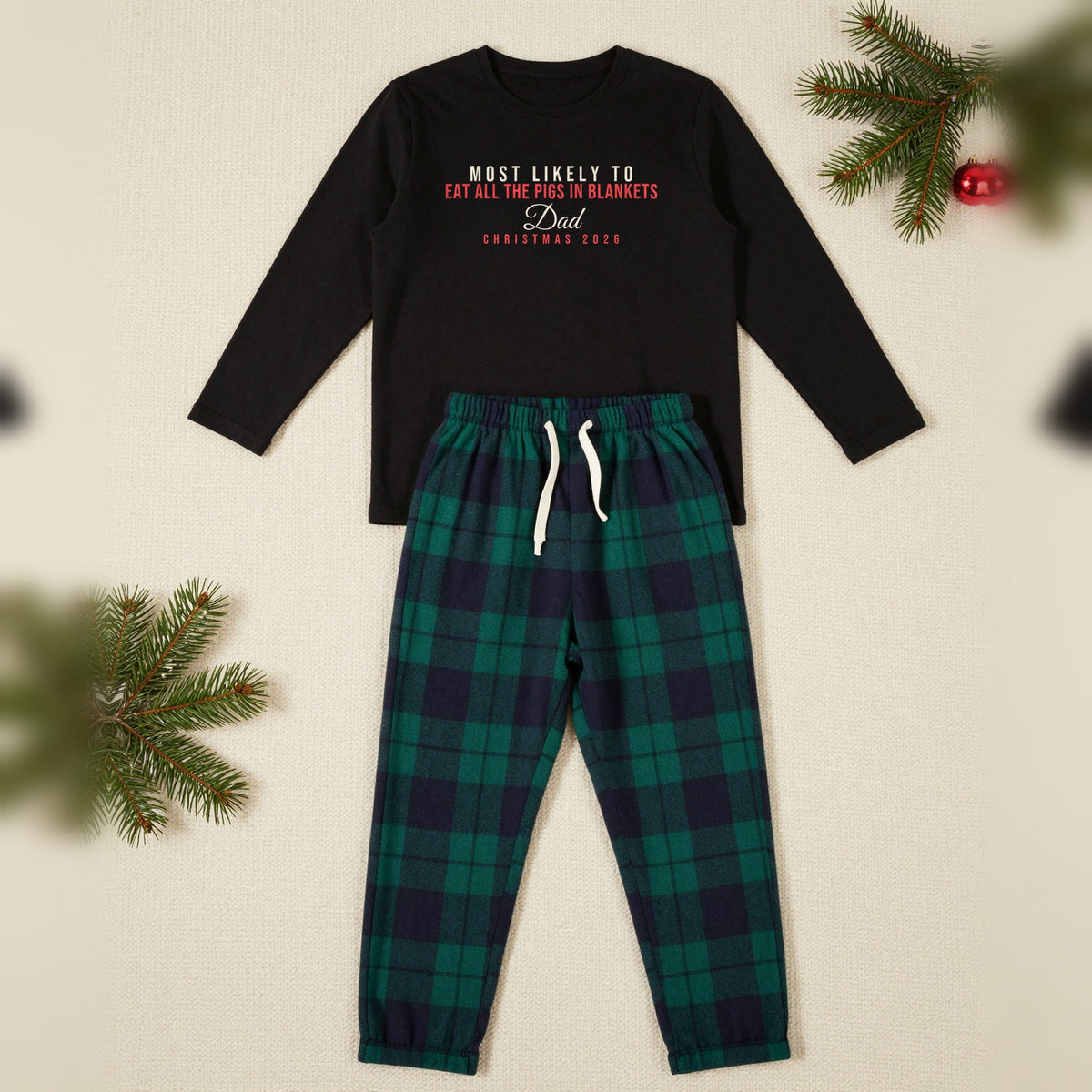 Most Likely To Personalised Matching Family Christmas Pyjamas Set, Adult in Black / Green Tartan, our photo