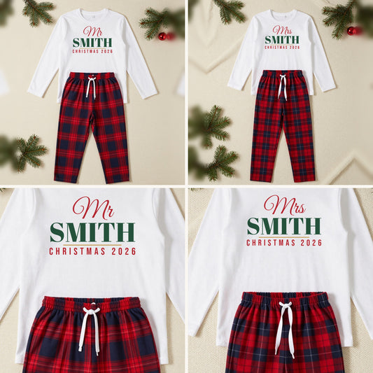 Mr And Mrs Christmas matching couples Christmas pyjamas set, each with their own name
