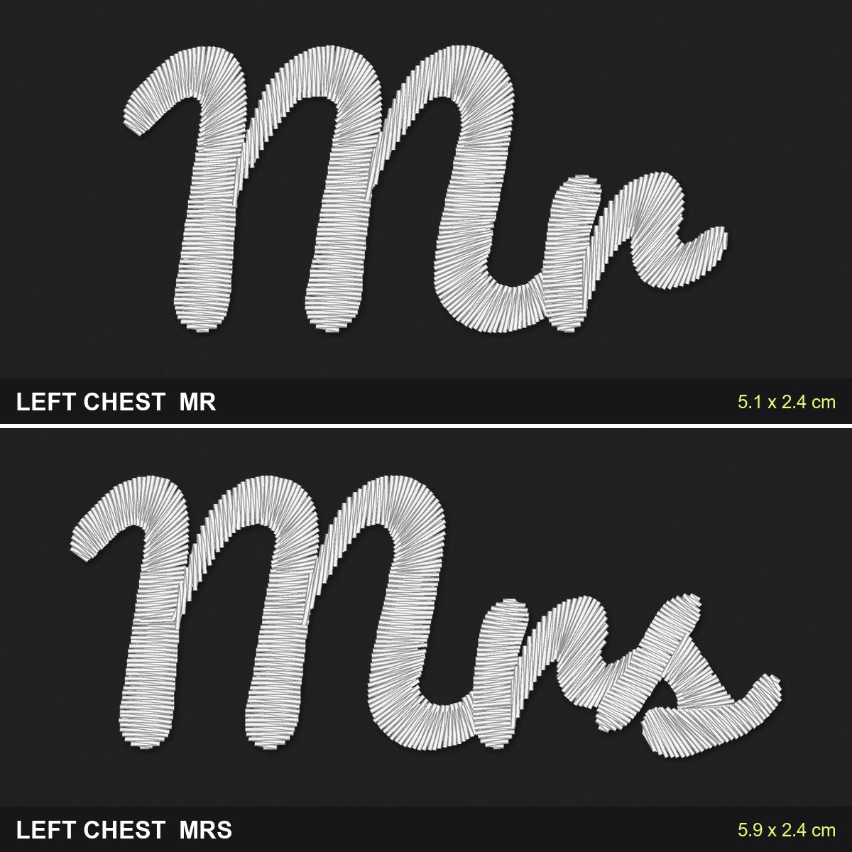 Mr and Mrs Sweatshirts Set: close-up of the real stitches with sizes