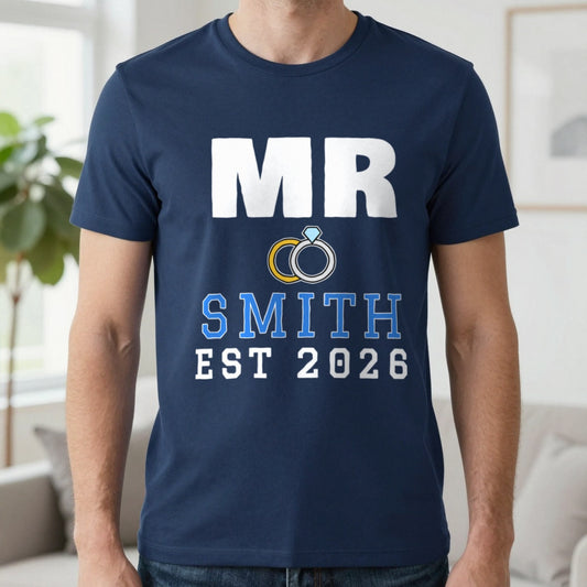 Personalised Mr Surname Est. T-Shirt T-Shirt in Navy, worn, our photo
