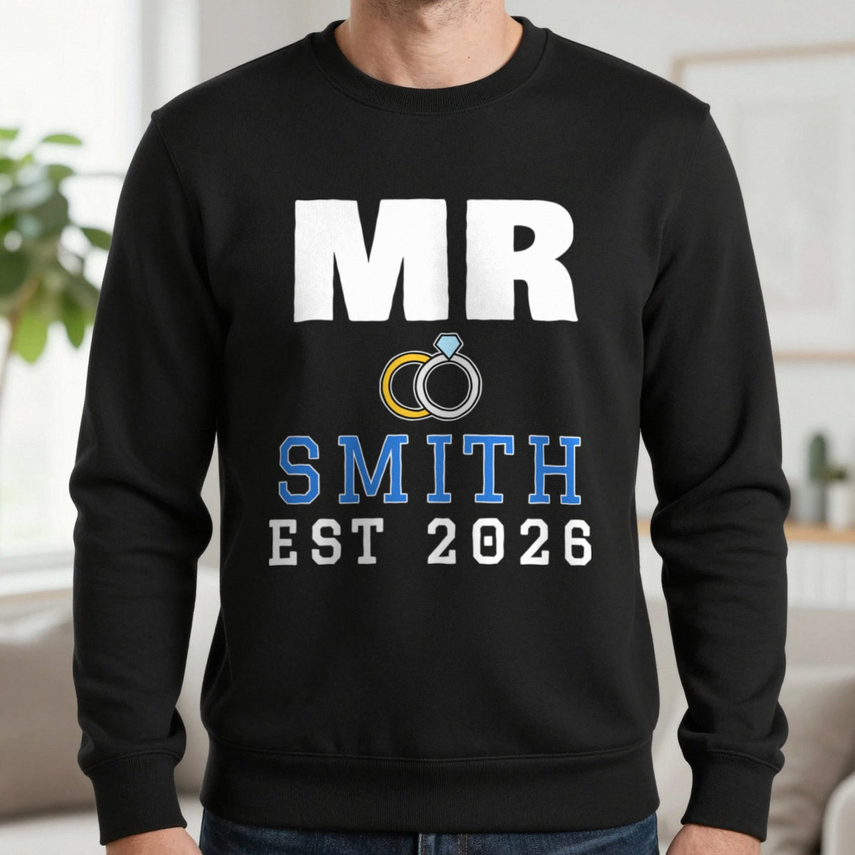 Personalised Mr Surname Est. T-Shirt Sweatshirt in Black, worn, our photo