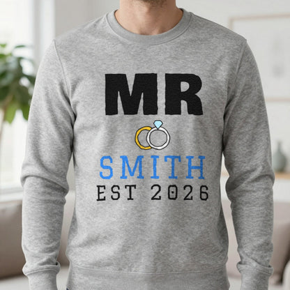 Personalised Mr Surname Est. T-Shirt Sweatshirt in Sport Grey, worn, our photo