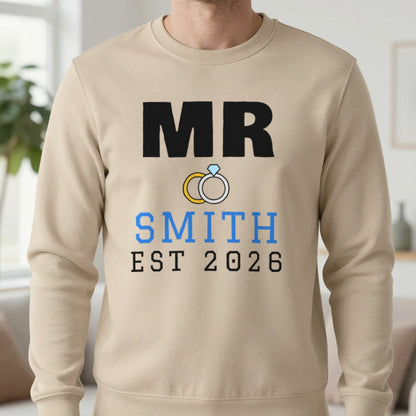 Personalised Mr Surname Est. T-Shirt Sweatshirt in Sand, worn, our photo