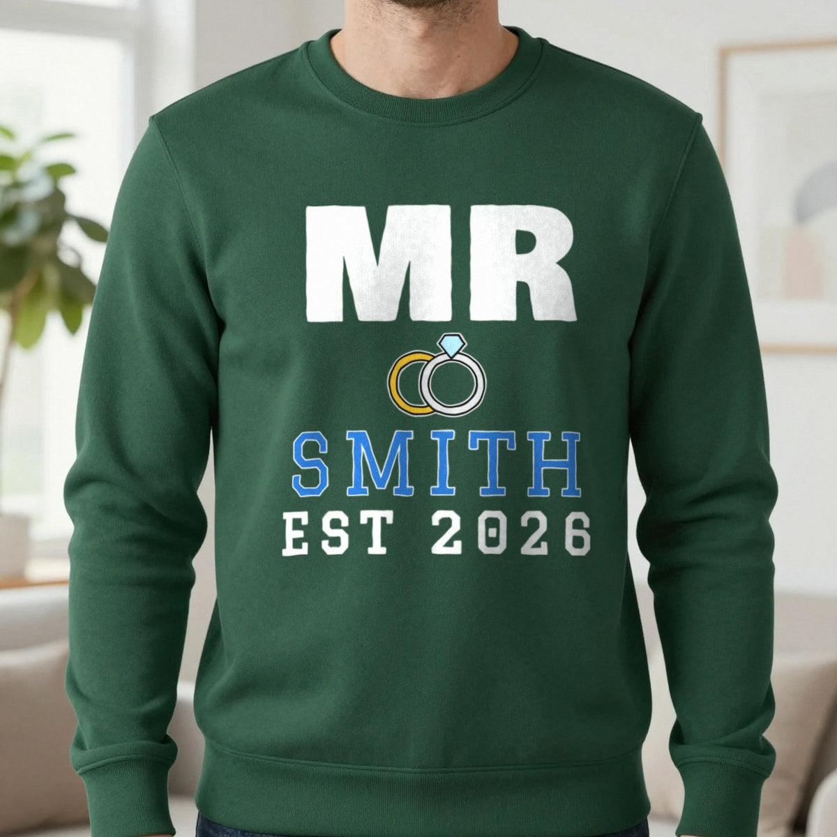 Personalised Mr Surname Est. T-Shirt Sweatshirt in Forest Green, worn, our photo