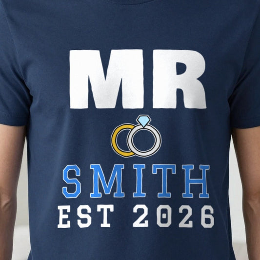 Personalised Mr Surname Est. T-Shirt print close-up, our photo