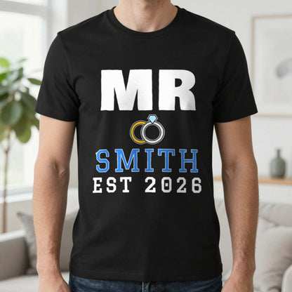 Personalised Mr Surname Est. T-Shirt T-Shirt in Black, worn, our photo