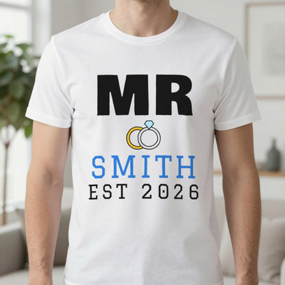 Personalised Mr Surname Est. T-Shirt T-Shirt in White, worn, our photo