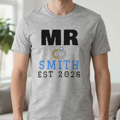 Personalised Mr Surname Est. T-Shirt T-Shirt in Sport Grey, worn, our photo