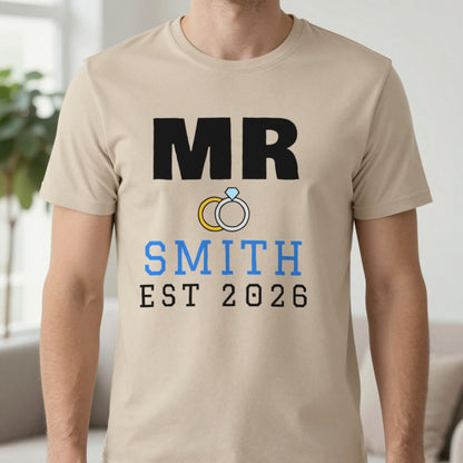 Personalised Mr Surname Est. T-Shirt T-Shirt in Sand, worn, our photo