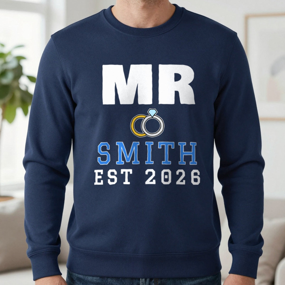 Personalised Mr Surname Est. T-Shirt Sweatshirt in Navy, worn, our photo