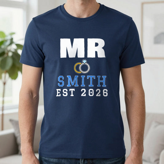Personalised Mr Surname Est. T-Shirt T-Shirt in Navy, worn, our photo