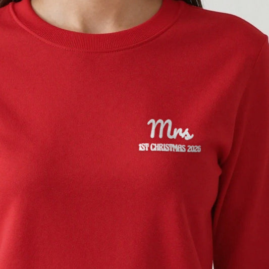 Personalised Embroidered Mrs First Christmas Jumper, worn