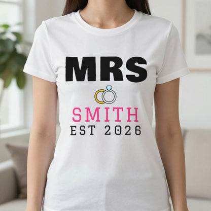 Personalised Mrs Surname Est. T-Shirt T-Shirt in White, worn, our photo