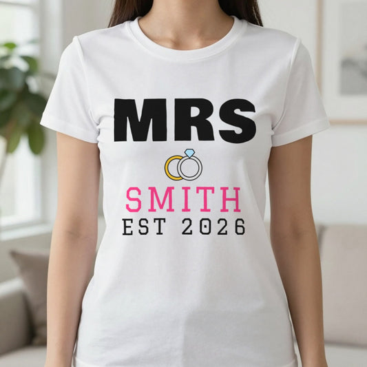 Personalised Mrs Surname Est. T-Shirt T-Shirt in White, worn, our photo