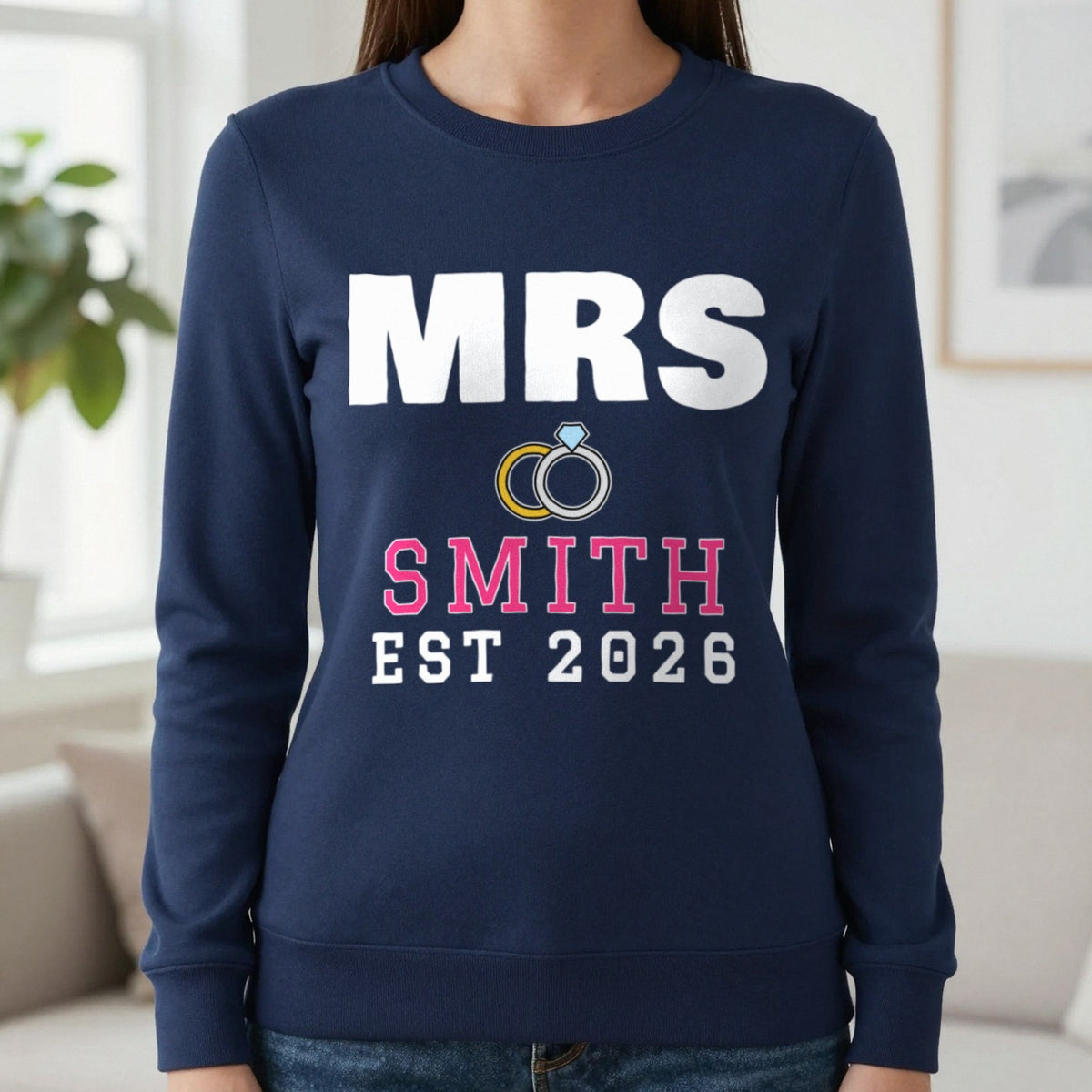 Personalised Mrs Surname Est. T-Shirt Sweatshirt in Navy, worn, our photo