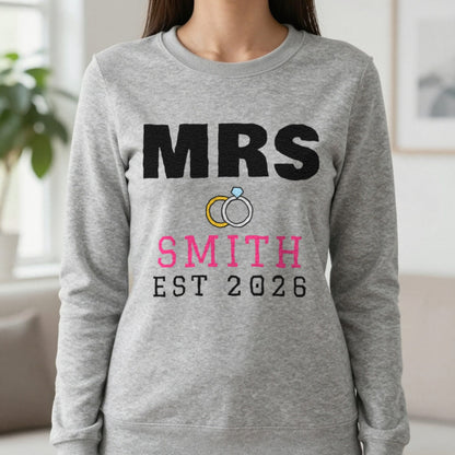 Personalised Mrs Surname Est. T-Shirt Sweatshirt in Sport Grey, worn, our photo
