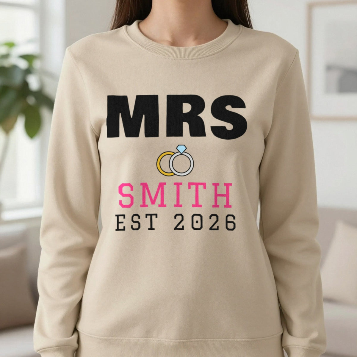 Personalised Mrs Surname Est. T-Shirt Sweatshirt in Sand, worn, our photo