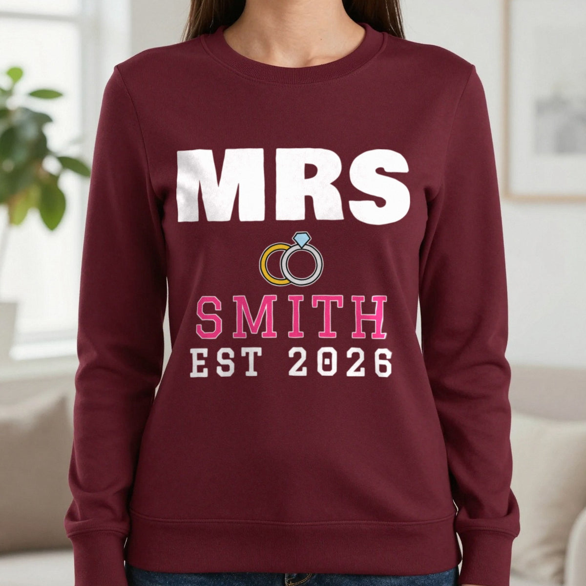 Personalised Mrs Surname Est. T-Shirt Sweatshirt in Maroon, worn, our photo