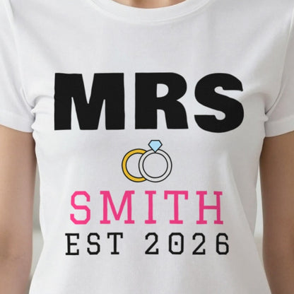 Personalised Mrs Surname Est. T-Shirt print close-up, our photo