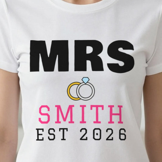 Personalised Mrs Surname Est. T-Shirt print close-up, our photo