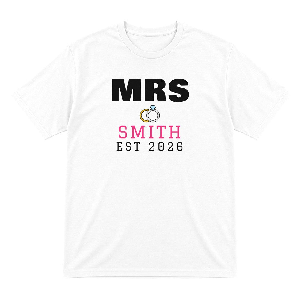 Personalised Mrs Surname Est. T-Shirt laid flat