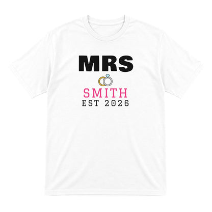 Personalised Mrs Surname Est. T-Shirt laid flat