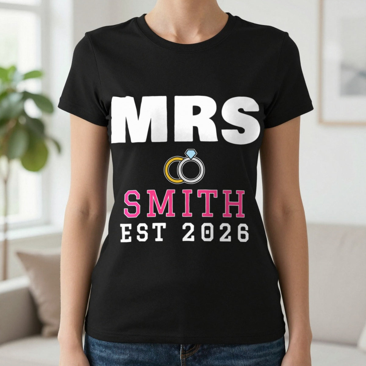 Personalised Mrs Surname Est. T-Shirt T-Shirt in Black, worn, our photo