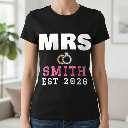 Personalised Mrs Surname Est. T-Shirt T-Shirt in Black, worn, our photo