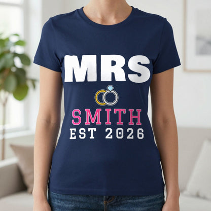 Personalised Mrs Surname Est. T-Shirt T-Shirt in Navy, worn, our photo