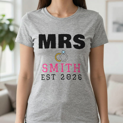 Personalised Mrs Surname Est. T-Shirt T-Shirt in Sport Grey, worn, our photo