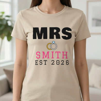 Personalised Mrs Surname Est. T-Shirt T-Shirt in Sand, worn, our photo