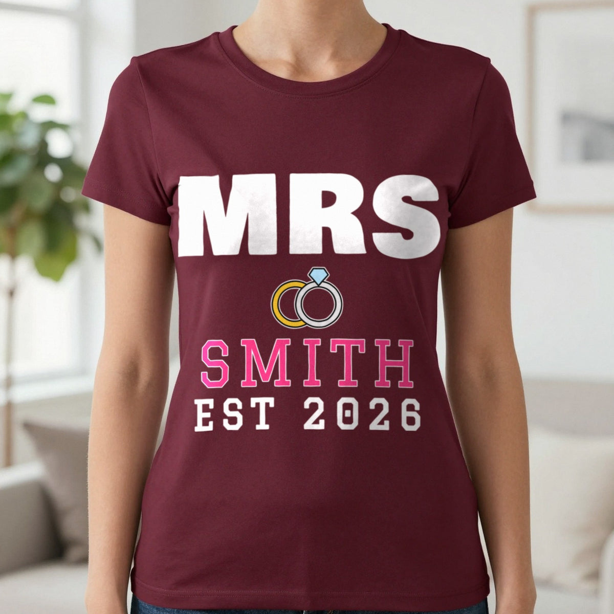Personalised Mrs Surname Est. T-Shirt T-Shirt in Maroon, worn, our photo