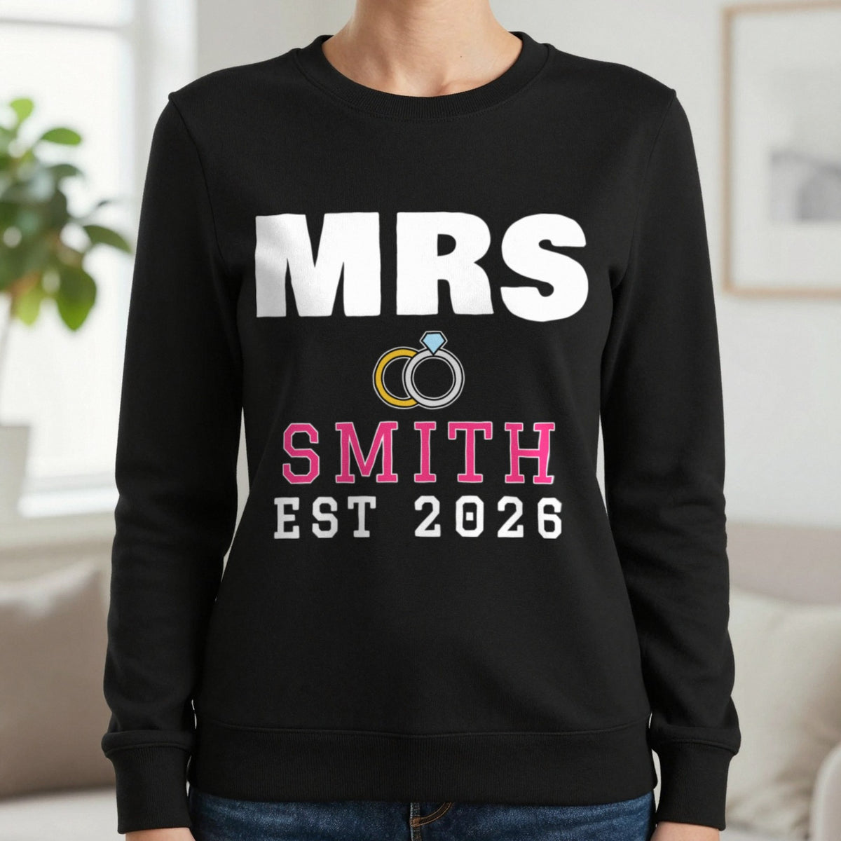 Personalised Mrs Surname Est. T-Shirt Sweatshirt in Black, worn, our photo