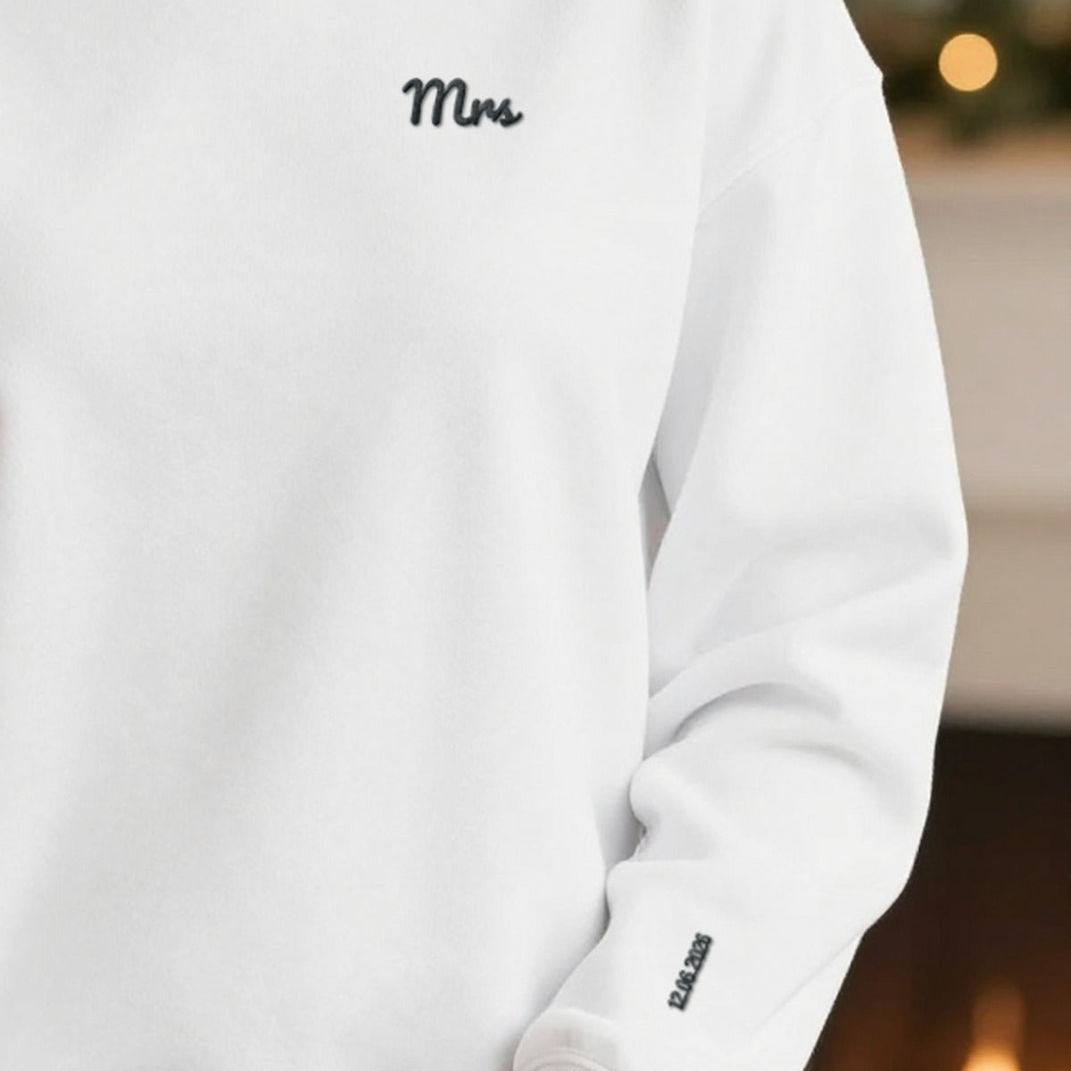 Personalised Embroidered Mrs Sweatshirt with Wedding Date on the Sleeve, worn